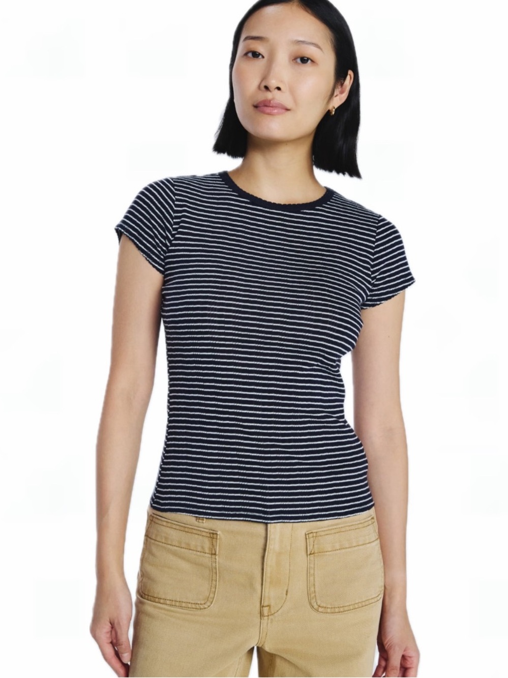 FREE ASSEMBLY WOMEN XS POINTELLE MINI TEE SHORT SLEEVE NAVY/WHITE STRIPE NWT